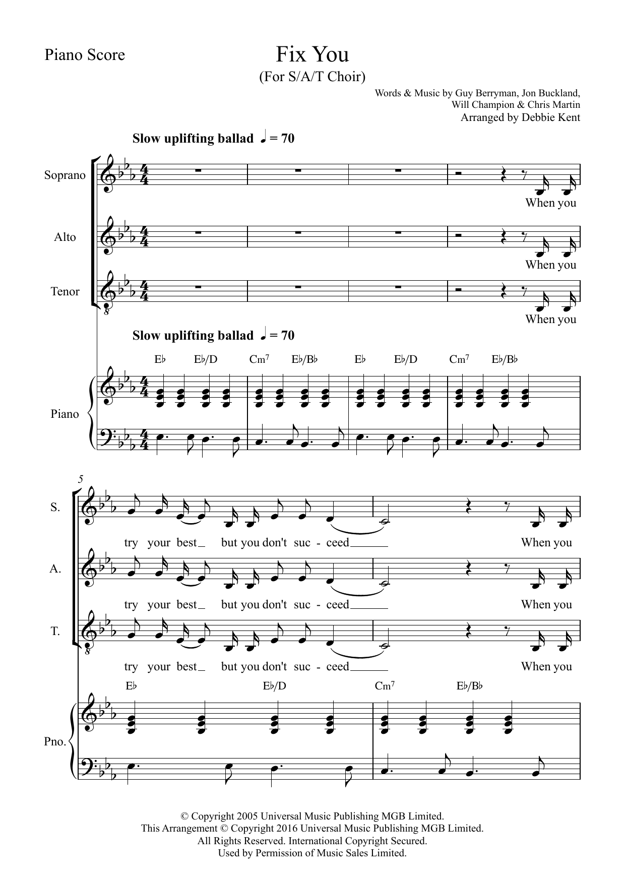Download Coldplay Fix You (arr. Debbie Kent) sheet music and printable PDF score & Pop music notes