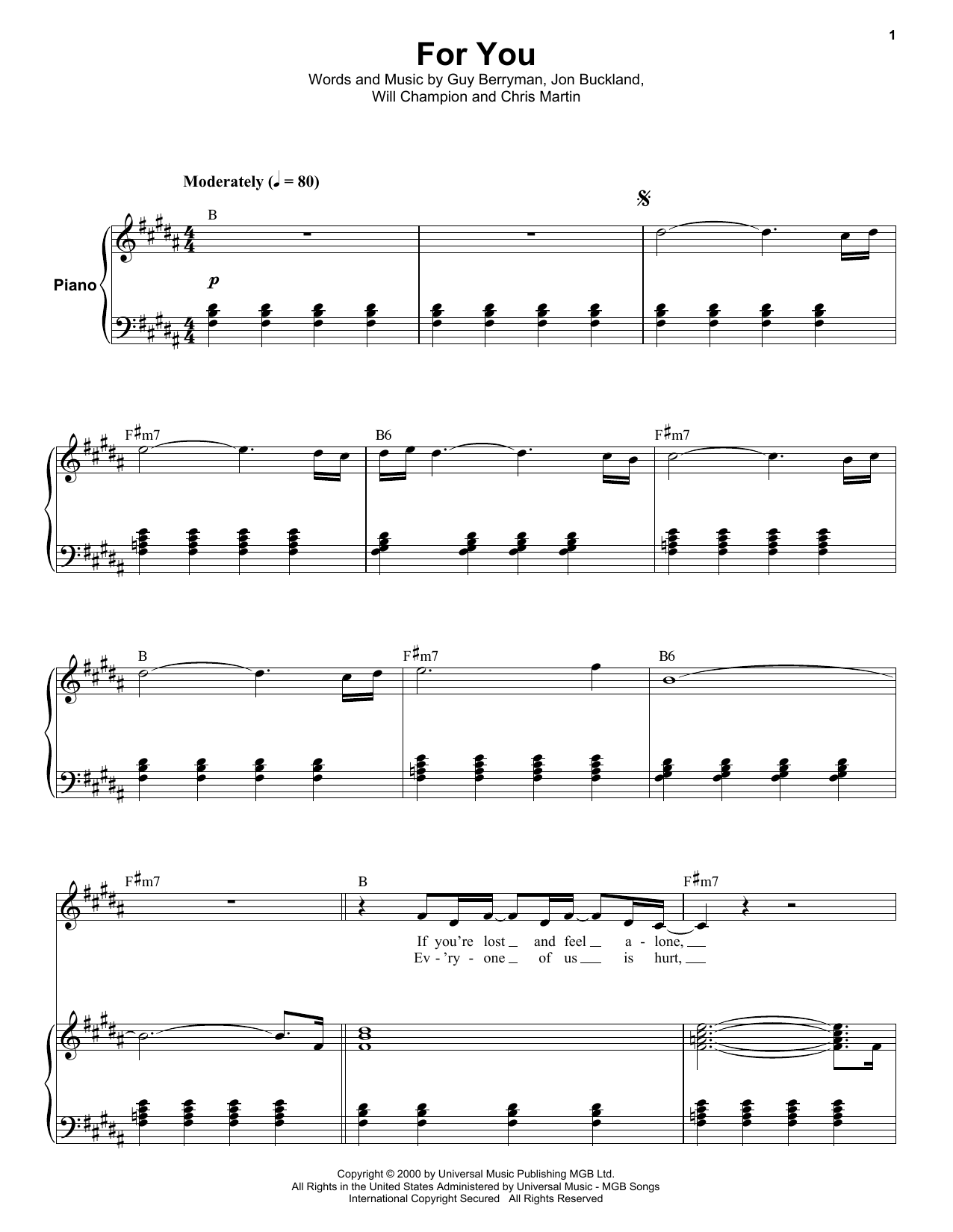 Download Coldplay For You sheet music and printable PDF score & Rock music notes