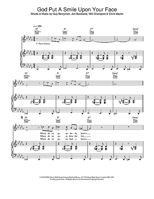Preview Coldplay God Put A Smile Upon Your Face Pop sheet music, notes and chords for Piano, Vocal & Guitar, SKU: 21862 sheet music, piano notes, chords, guitar tabs, score, transpose, transcribe, how to play, guide, download, learn, tutorial, progression, song, artist, awards, billboard, mtv, vh1, tour, single, album, release