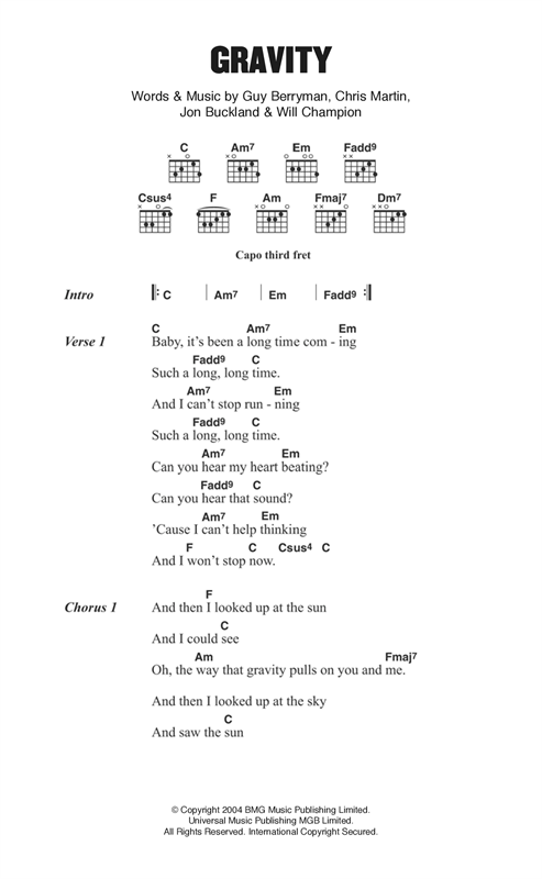 Download Coldplay Gravity sheet music and printable PDF score & Rock music notes