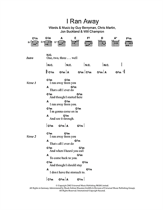 Preview Coldplay I Ran Away Rock sheet music, notes and chords for Guitar Tab, SKU: 40254 Download Coldplay I Ran Away sheet music and printable PDF score & Rock music notes