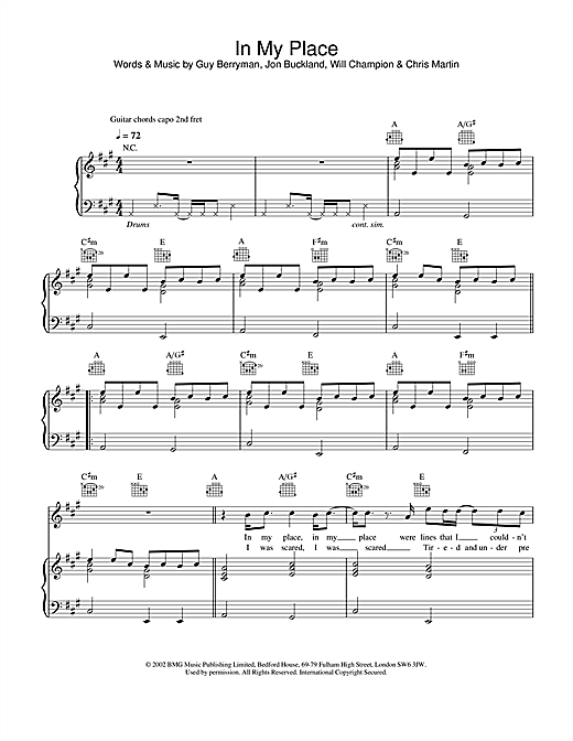 Preview Coldplay In My Place Pop sheet music, notes and chords for Piano, Vocal & Guitar, SKU: 21860 sheet music, piano notes, chords, guitar tabs, score, transpose, transcribe, how to play, guide, download, learn, tutorial, progression, song, artist, awards, billboard, mtv, vh1, tour, single, album, release