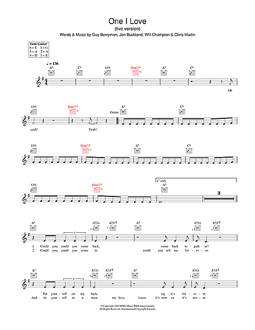 Preview Coldplay One I Love Pop sheet music, notes and chords for Melody Line, Lyrics & Chords, SKU: 31640 Download Coldplay One I Love sheet music and printable PDF score & Pop music notes