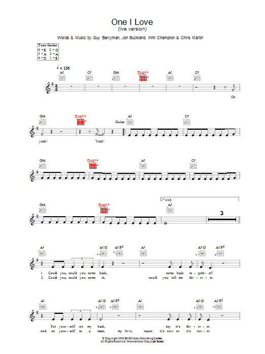 Download Coldplay One I Love sheet music and printable PDF score & Rock music notes