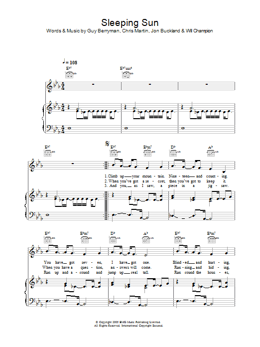 Preview Coldplay Sleeping Sun Rock sheet music, notes and chords for Piano, Vocal & Guitar, SKU: 38094 Download Coldplay Sleeping Sun sheet music and printable PDF score & Rock music notes