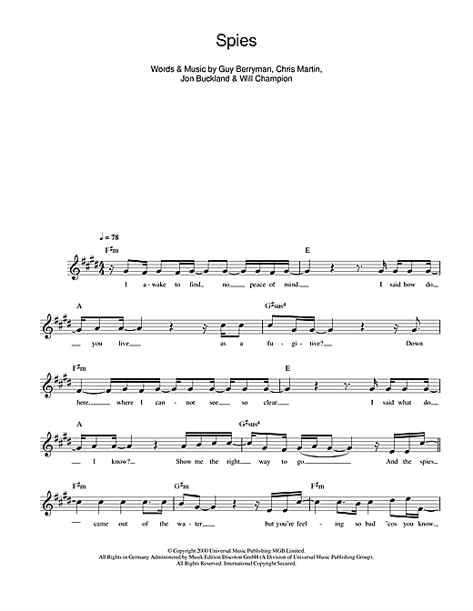 Download Coldplay Spies sheet music and printable PDF score & Pop music notes