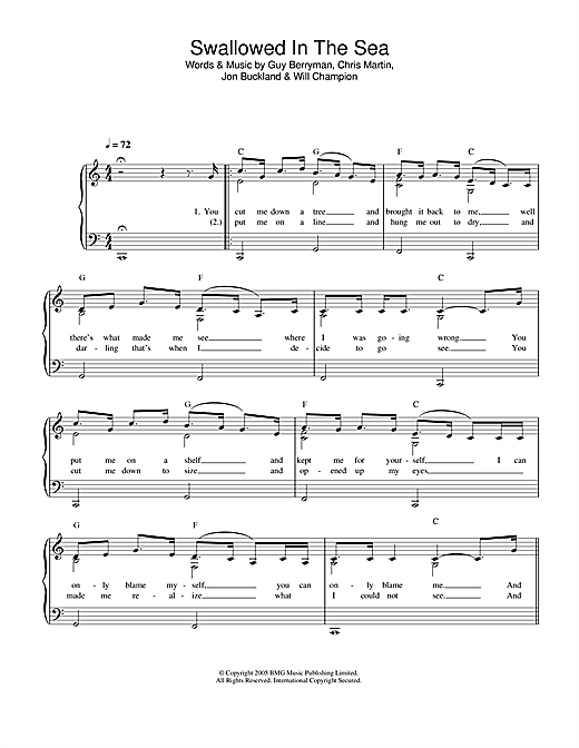 Preview Coldplay Swallowed In The Sea Rock sheet music, notes and chords for Piano, Vocal & Guitar, SKU: 32256 Download Coldplay Swallowed In The Sea sheet music and printable PDF score & Rock music notes