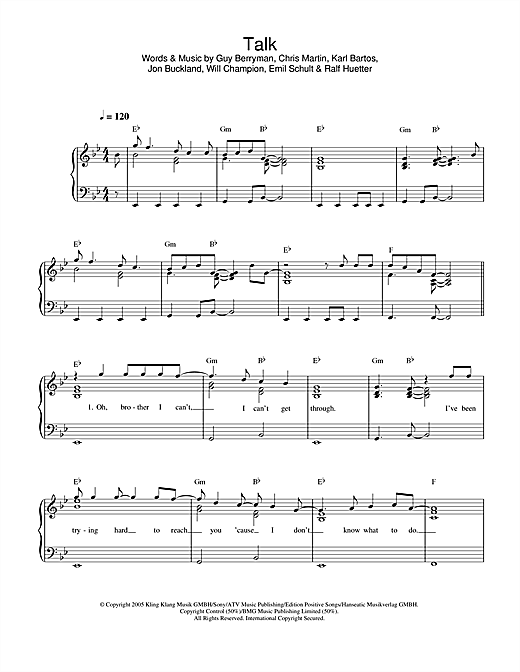 Preview Coldplay Talk Rock sheet music, notes and chords for Piano, Vocal & Guitar, SKU: 32248 Download Coldplay Talk sheet music and printable PDF score & Rock music notes