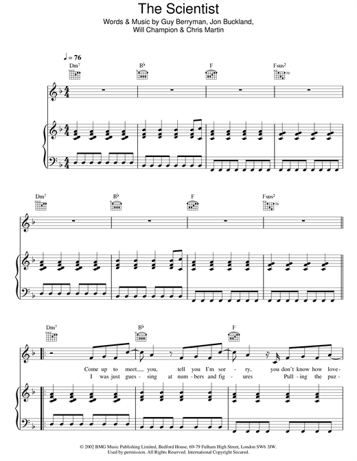 Preview Coldplay The Scientist Rock sheet music, notes and chords for Piano, SKU: 89790 sheet music, piano notes, chords, guitar tabs, score, transpose, transcribe, how to play, guide, download, learn, tutorial, progression, song, artist, awards, billboard, mtv, vh1, tour, single, album, release