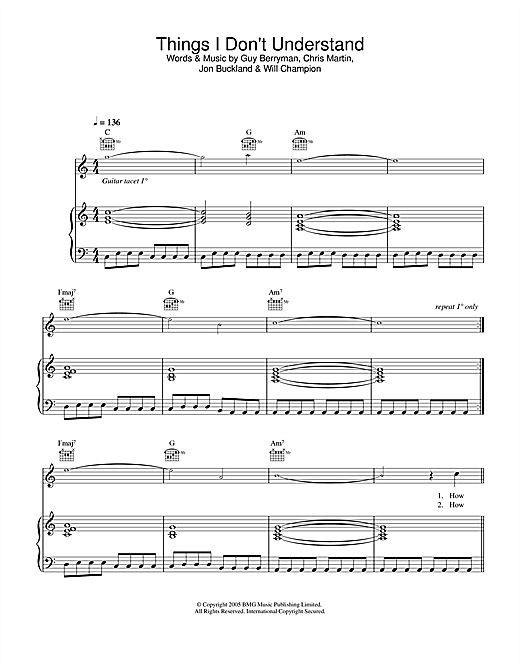 Preview Coldplay Things I Don't Understand Rock sheet music, notes and chords for Lyrics & Chords, SKU: 108418 sheet music, piano notes, chords, guitar tabs, score, transpose, transcribe, how to play, guide, download, learn, tutorial, progression, song, artist, awards, billboard, mtv, vh1, tour, single, album, release