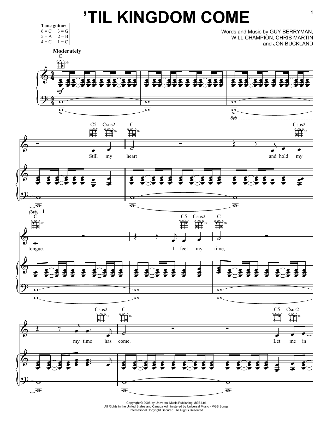 Preview Coldplay 'Til Kingdom Come Rock sheet music, notes and chords for Piano, Vocal & Guitar, SKU: 32255 Download Coldplay 'Til Kingdom Come sheet music and printable PDF score & Rock music notes