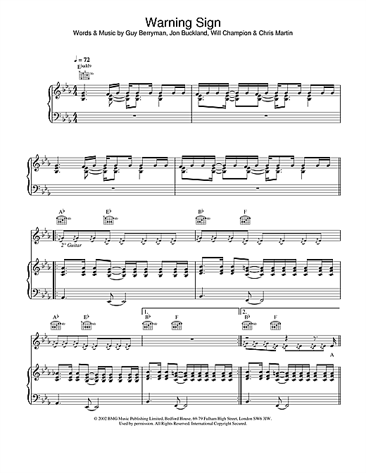 Preview Coldplay Warning Sign Pop sheet music, notes and chords for Piano, Vocal & Guitar, SKU: 21858 sheet music, piano notes, chords, guitar tabs, score, transpose, transcribe, how to play, guide, download, learn, tutorial, progression, song, artist, awards, billboard, mtv, vh1, tour, single, album, release