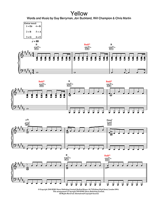 Preview Coldplay Yellow Pop sheet music, notes and chords for Piano, Vocal & Guitar, SKU: 17689 sheet music, piano notes, chords, guitar tabs, score, transpose, transcribe, how to play, guide, download, learn, tutorial, progression, song, artist, awards, billboard, mtv, vh1, tour, single, album, release