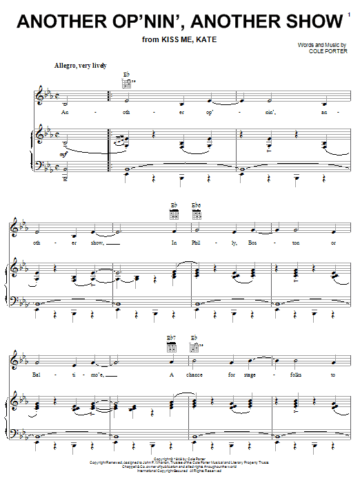 Preview Cole Porter Another Op'nin', Another Show (from Kiss Me, Kate) Musicals sheet music, notes and chords for Piano, Vocal & Guitar (Right-Hand Melody), SKU: 16324 sheet music, piano notes, chords, guitar tabs, score, transpose, transcribe, how to play, guide, download, learn, tutorial, progression, song, artist, awards, billboard, mtv, vh1, tour, single, album, release