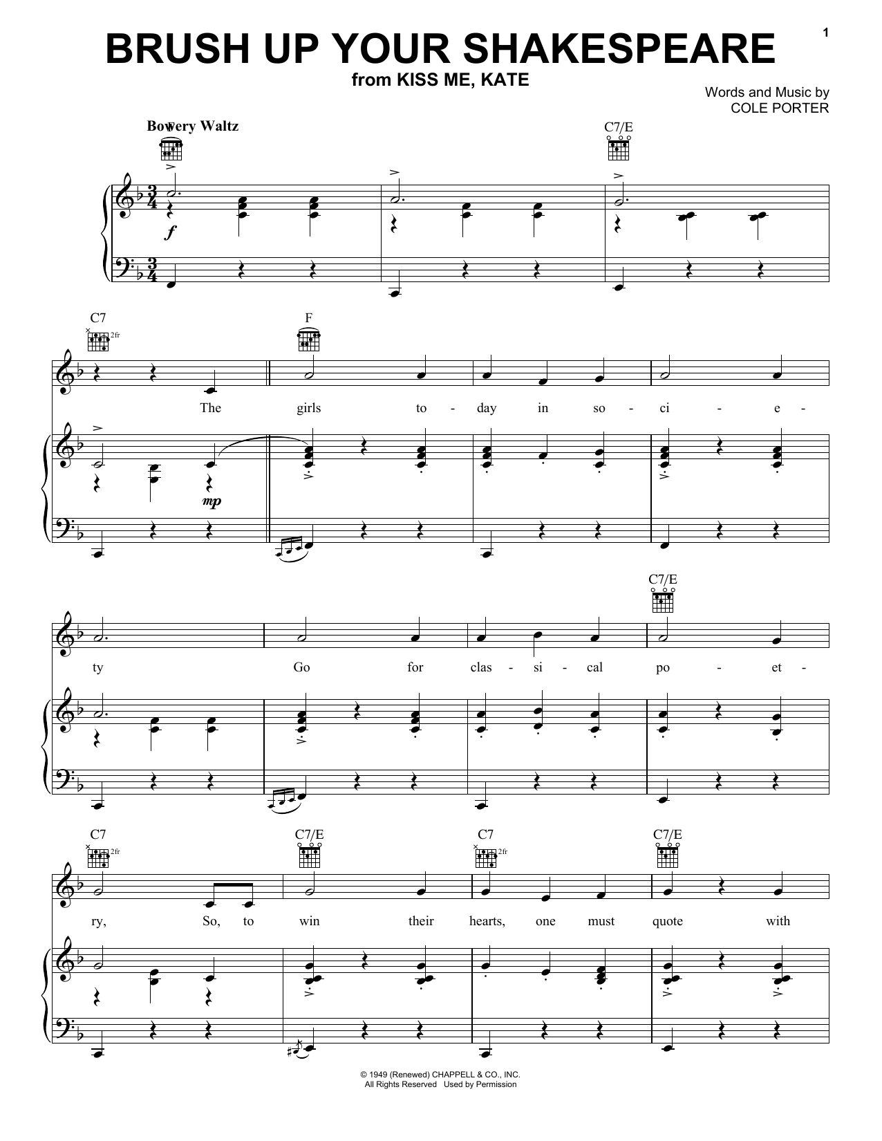 Preview Cole Porter Brush Up Your Shakespeare (from Kiss Me, Kate) Musicals sheet music, notes and chords for Piano, Vocal & Guitar (Right-Hand Melody), SKU: 16750 sheet music, piano notes, chords, guitar tabs, score, transpose, transcribe, how to play, guide, download, learn, tutorial, progression, song, artist, awards, billboard, mtv, vh1, tour, single, album, release