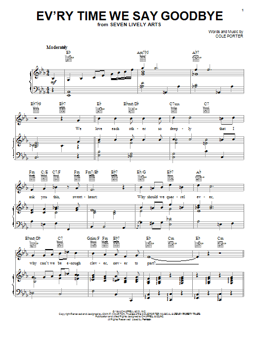 Download Cole Porter Ev'ry Time We Say Goodbye sheet music and printable PDF score & Jazz music notes