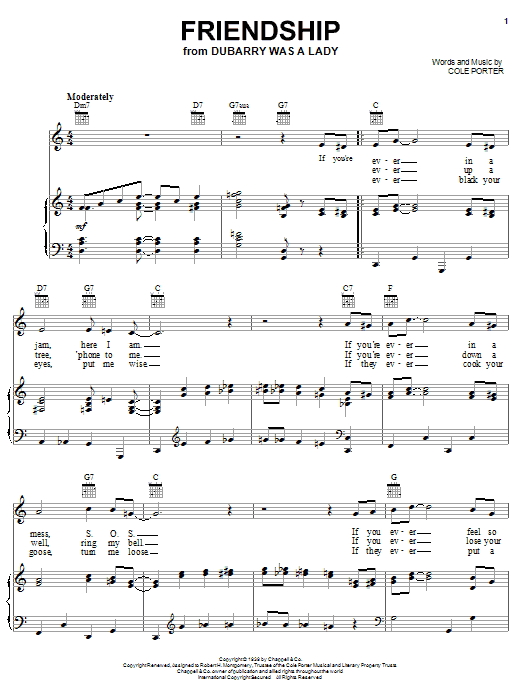 Preview Cole Porter Friendship Musicals sheet music, notes and chords for Piano, Vocal & Guitar (Right-Hand Melody), SKU: 16733 Download Cole Porter Friendship sheet music and printable PDF score & Musicals music notes