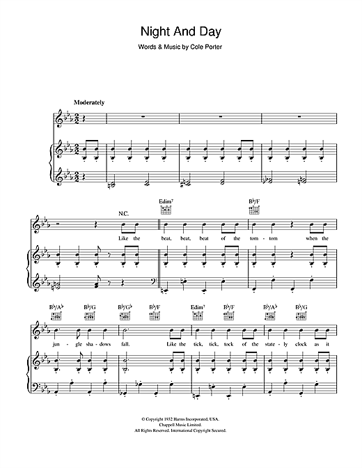 Preview Cole Porter Night And Day Easy Listening sheet music, notes and chords for Piano, Vocal & Guitar (Right-Hand Melody), SKU: 47535 sheet music, piano notes, chords, guitar tabs, score, transpose, transcribe, how to play, guide, download, learn, tutorial, progression, song, artist, awards, billboard, mtv, vh1, tour, single, album, release