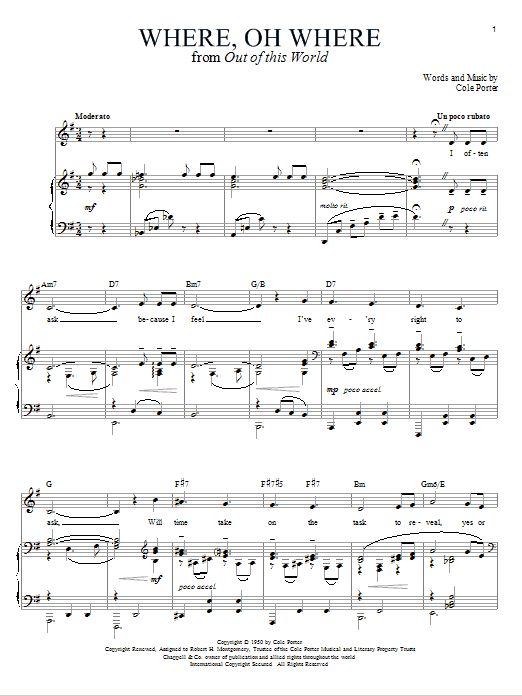Preview Cole Porter Where, Oh Where Pop sheet music, notes and chords for Piano, Vocal & Guitar (Right-Hand Melody), SKU: 76062 Download Cole Porter Where, Oh Where sheet music and printable PDF score & Pop music notes