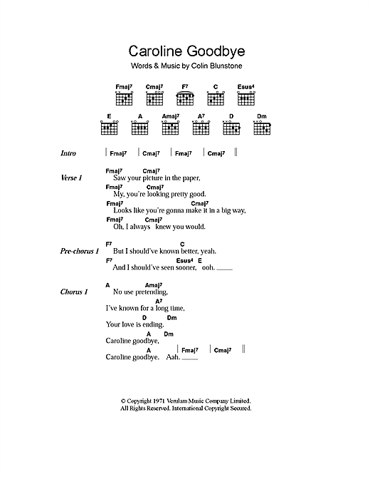 Preview Colin Blunstone Caroline Goodbye Pop sheet music, notes and chords for Lyrics & Chords, SKU: 101266 sheet music, piano notes, chords, guitar tabs, score, transpose, transcribe, how to play, guide, download, learn, tutorial, progression, song, artist, awards, billboard, mtv, vh1, tour, single, album, release