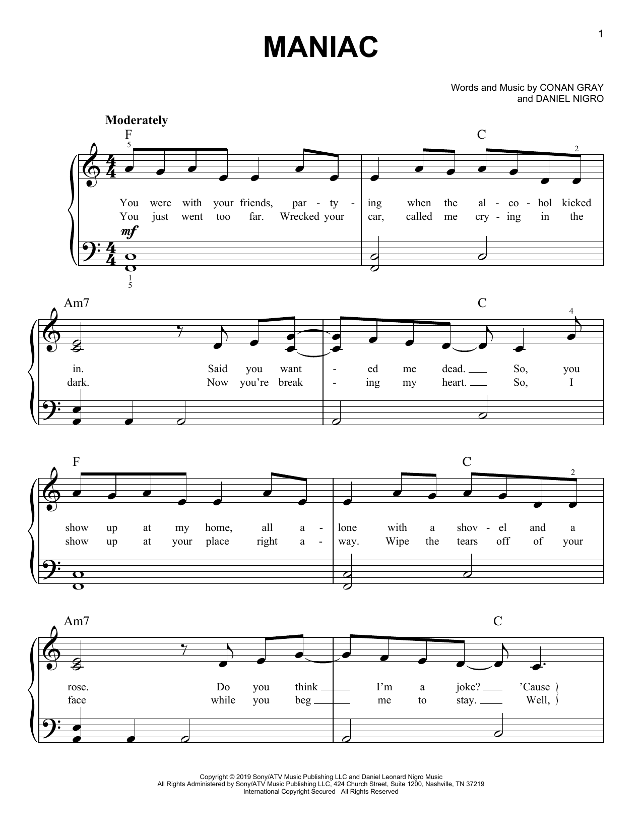 Download Conan Gray Maniac sheet music and printable PDF score & Pop music notes