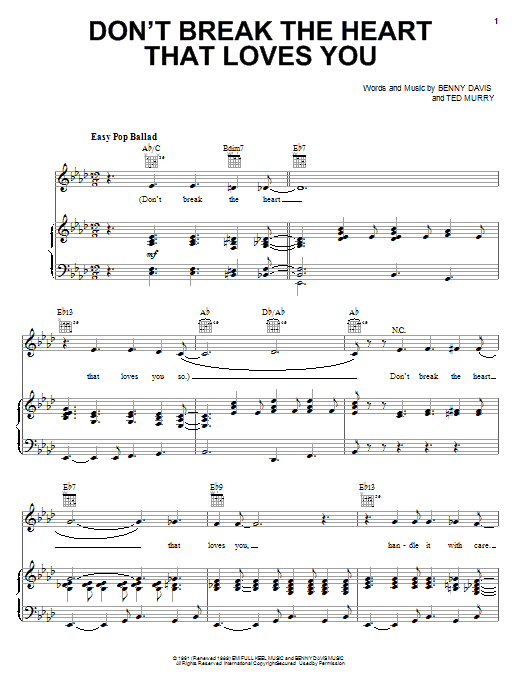 Preview Connie Francis Don't Break The Heart That Loves You Pop sheet music, notes and chords for Piano, Vocal & Guitar (Right-Hand Melody), SKU: 72585 sheet music, piano notes, chords, guitar tabs, score, transpose, transcribe, how to play, guide, download, learn, tutorial, progression, song, artist, awards, billboard, mtv, vh1, tour, single, album, release