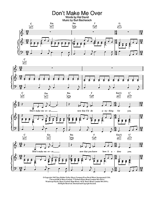 Preview Connie Francis Don't Make Me Over Soul sheet music, notes and chords for Piano, Vocal & Guitar (Right-Hand Melody), SKU: 18471 sheet music, piano notes, chords, guitar tabs, score, transpose, transcribe, how to play, guide, download, learn, tutorial, progression, song, artist, awards, billboard, mtv, vh1, tour, single, album, release
