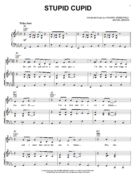 Preview Connie Francis Stupid Cupid Pop sheet music, notes and chords for Piano, Vocal & Guitar (Right-Hand Melody), SKU: 18165 sheet music, piano notes, chords, guitar tabs, score, transpose, transcribe, how to play, guide, download, learn, tutorial, progression, song, artist, awards, billboard, mtv, vh1, tour, single, album, release