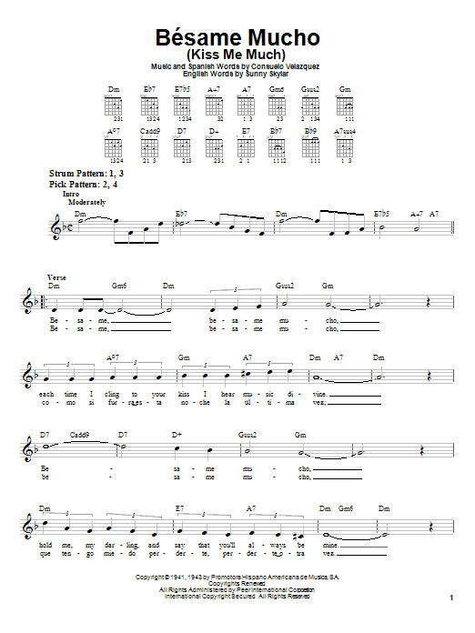Preview Consuelo Velazquez Besame Mucho (Kiss Me Much) Jazz sheet music, notes and chords for Easy Guitar, SKU: 21335 sheet music, piano notes, chords, guitar tabs, score, transpose, transcribe, how to play, guide, download, learn, tutorial, progression, song, artist, awards, billboard, mtv, vh1, tour, single, album, release