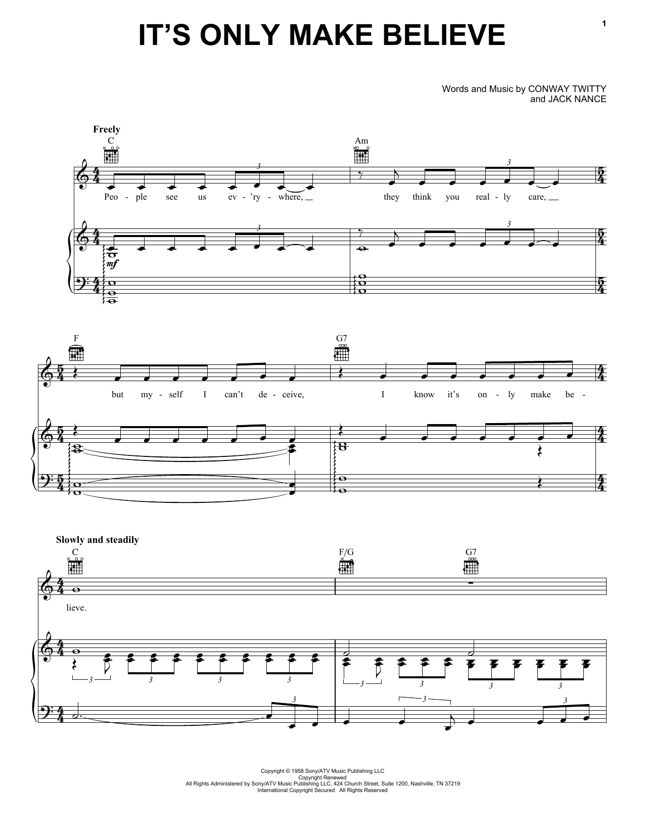 Download Conway Twitty It's Only Make Believe sheet music and printable PDF score & Country music notes