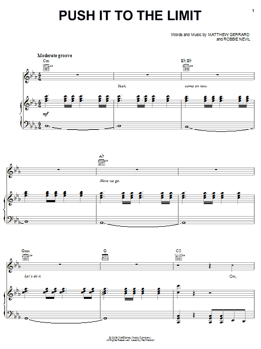 Preview Corbin Bleu Push It To The Limit Children sheet music, notes and chords for Piano, Vocal & Guitar (Right-Hand Melody), SKU: 59143 sheet music, piano notes, chords, guitar tabs, score, transpose, transcribe, how to play, guide, download, learn, tutorial, progression, song, artist, awards, billboard, mtv, vh1, tour, single, album, release