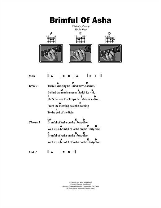 Download Cornershop Brimful Of Asha sheet music and printable PDF score & Pop music notes