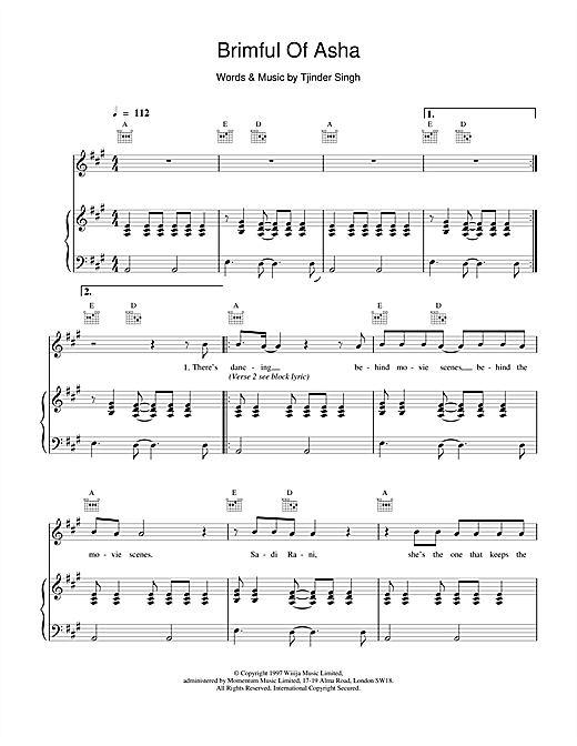 Preview Cornershop Brimful Of Asha Pop sheet music, notes and chords for Piano, Vocal & Guitar, SKU: 13641 sheet music, piano notes, chords, guitar tabs, score, transpose, transcribe, how to play, guide, download, learn, tutorial, progression, song, artist, awards, billboard, mtv, vh1, tour, single, album, release