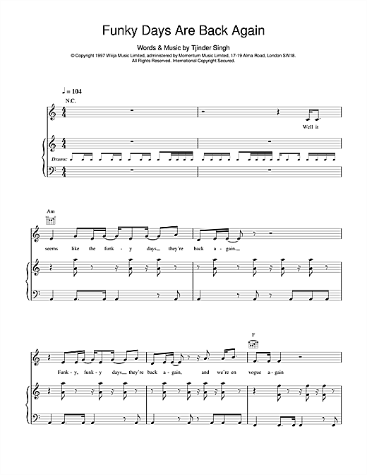 Preview Cornershop Funky Days Are Back Again Pop sheet music, notes and chords for Piano, Vocal & Guitar, SKU: 15248 sheet music, piano notes, chords, guitar tabs, score, transpose, transcribe, how to play, guide, download, learn, tutorial, progression, song, artist, awards, billboard, mtv, vh1, tour, single, album, release