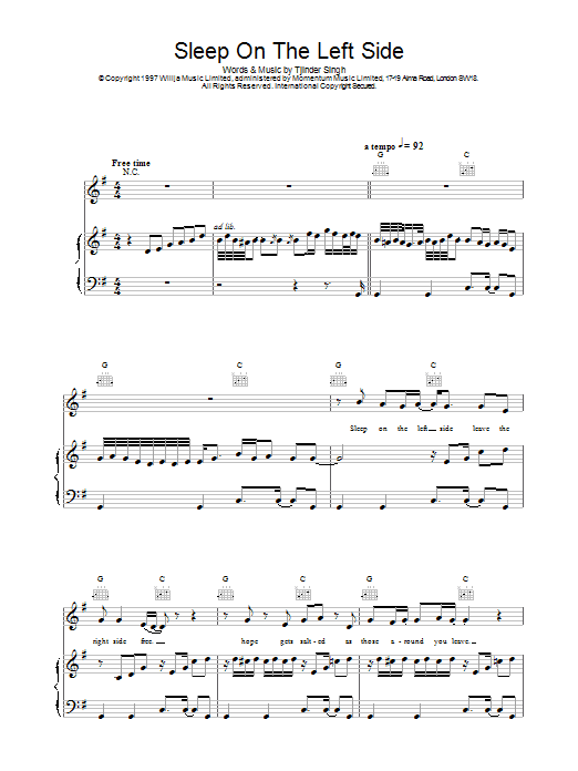 Cornershop Sleep On The Left Side Sheet Music & Chords for Piano, Vocal & Guitar - Download or Print PDF