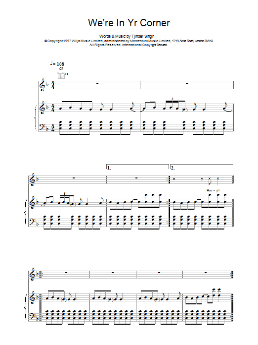Cornershop We're In Yr Corner Sheet Music & Chords for Piano, Vocal & Guitar (Right-Hand Melody) - Download or Print PDF