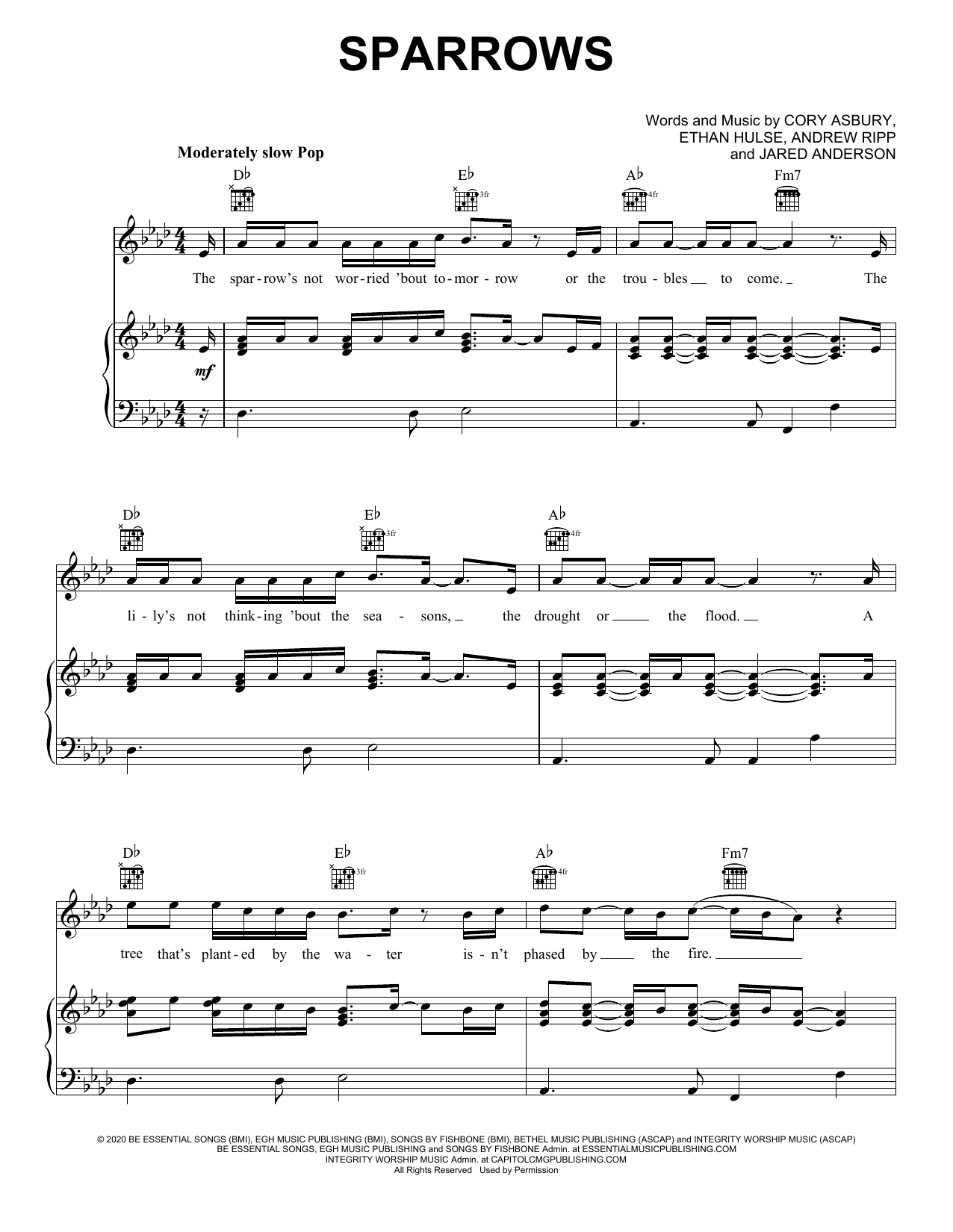 Preview Cory Asbury Sparrows Praise & Worship sheet music, notes and chords for Piano, Vocal & Guitar (Right-Hand Melody), SKU: 476527 sheet music, piano notes, chords, guitar tabs, score, transpose, transcribe, how to play, guide, download, learn, tutorial, progression, song, artist, awards, billboard, mtv, vh1, tour, single, album, release