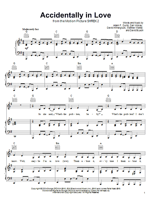 Download Counting Crows Accidentally In Love sheet music and printable PDF score & Pop music notes