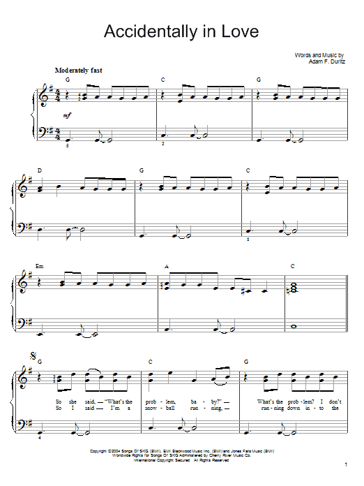 Download Counting Crows Accidentally In Love (from Shrek 2) sheet music and printable PDF score & Rock music notes