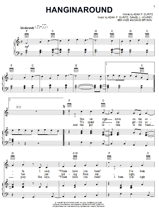 Preview Counting Crows Hanginaround Rock sheet music, notes and chords for Piano, Vocal & Guitar (Right-Hand Melody), SKU: 18226 sheet music, piano notes, chords, guitar tabs, score, transpose, transcribe, how to play, guide, download, learn, tutorial, progression, song, artist, awards, billboard, mtv, vh1, tour, single, album, release