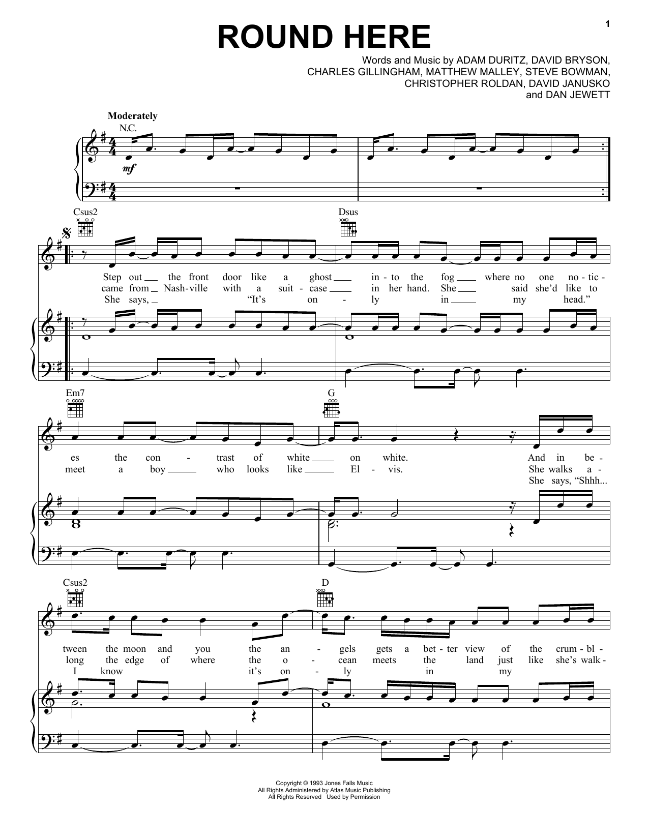 Download Counting Crows Round Here sheet music and printable PDF score & Rock music notes