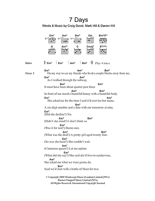 Preview Craig David 7 Days R & B sheet music, notes and chords for Piano, Vocal & Guitar, SKU: 14322 sheet music, piano notes, chords, guitar tabs, score, transpose, transcribe, how to play, guide, download, learn, tutorial, progression, song, artist, awards, billboard, mtv, vh1, tour, single, album, release