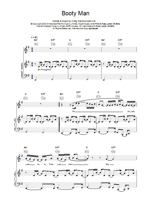 Download Craig David Booty Man sheet music and printable PDF score & R & B music notes