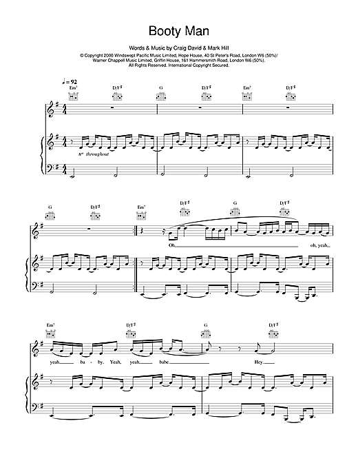 Preview Craig David Booty Man R & B sheet music, notes and chords for Piano, Vocal & Guitar, SKU: 14588 sheet music, piano notes, chords, guitar tabs, score, transpose, transcribe, how to play, guide, download, learn, tutorial, progression, song, artist, awards, billboard, mtv, vh1, tour, single, album, release