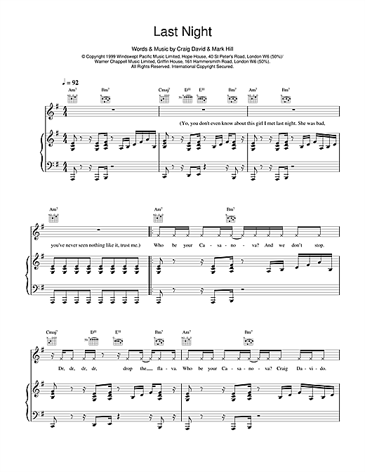 Preview Craig David Last Night R & B sheet music, notes and chords for Piano, Vocal & Guitar, SKU: 14592 sheet music, piano notes, chords, guitar tabs, score, transpose, transcribe, how to play, guide, download, learn, tutorial, progression, song, artist, awards, billboard, mtv, vh1, tour, single, album, release