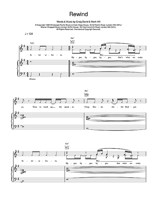 Preview Craig David Rewind R & B sheet music, notes and chords for Piano, Vocal & Guitar (Right-Hand Melody), SKU: 14595 sheet music, piano notes, chords, guitar tabs, score, transpose, transcribe, how to play, guide, download, learn, tutorial, progression, song, artist, awards, billboard, mtv, vh1, tour, single, album, release