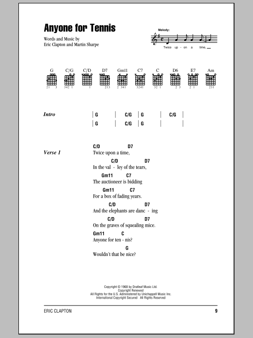 Download Cream Anyone For Tennis sheet music and printable PDF score & Rock music notes