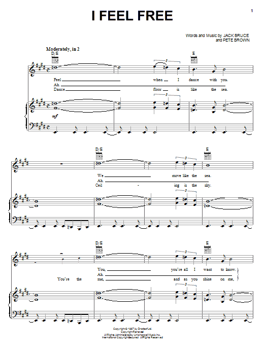 Preview Cream I Feel Free Rock sheet music, notes and chords for Lyrics & Chords, SKU: 79520 Download Cream I Feel Free sheet music and printable PDF score & Rock music notes