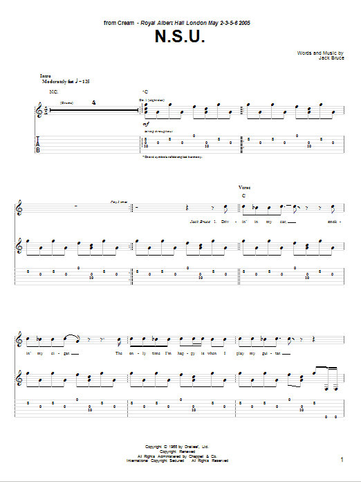 Preview Cream N.S.U. Pop sheet music, notes and chords for Guitar Tab, SKU: 79771 Download Cream N.S.U. sheet music and printable PDF score & Pop music notes