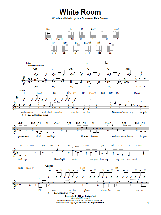 Download Cream White Room sheet music and printable PDF score & Rock music notes